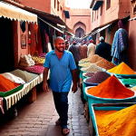 A bustling Marrakech market scene with vendors and tourists interacting, colorful textiles and spices on display, a merchant smiling after a friendly price negotiation.