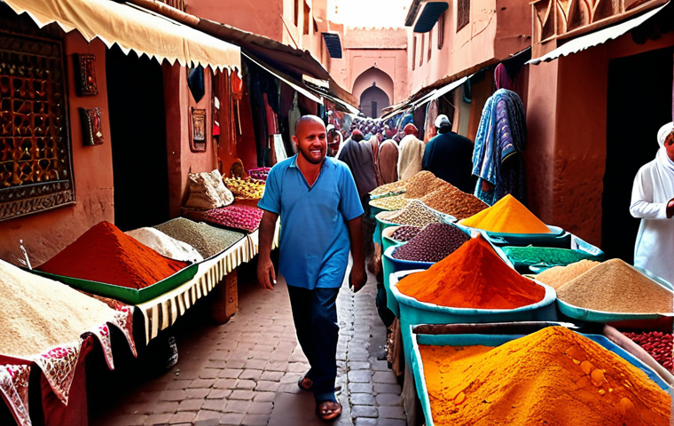 A bustling Marrakech market scene with vendors and tourists interacting, colorful textiles and spices on display, a merchant smiling after a friendly price negotiation.