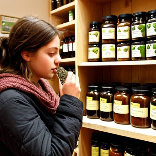 **

A cozy, warmly lit scene in a German "Reformhaus" (health food store). A diverse selection of dried herbs and spices are displayed in glass jars on wooden shelves. In the foreground, a young woman with a curious expression is examining a bottle of "Schwarzkümmelöl" (black seed oil). The overall impression should be one of natural remedies and healthy living.

**