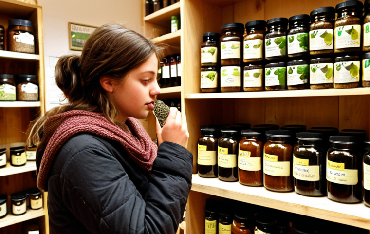 **
A cozy, warmly lit scene in a German "Reformhaus" (health food store). A diverse selection of dried herbs and spices are displayed in glass jars on wooden shelves. In the foreground, a young woman with a curious expression is examining a bottle of "Schwarzkümmelöl" (black seed oil). The overall impression should be one of natural remedies and healthy living.
**
