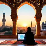 **Prompt:** "A person, clearly identifiable as from Germany, is deeply immersed in learning Arabic using a glowing digital tablet or laptop. Surrounding them, luminous, swirling digital energy seamlessly transforms into vibrant Arabic calligraphy, intricate geometric patterns, and the majestic contours of ancient Arabic architecture, like a mosque archway or a historical city skyline at dawn. This visual metaphor highlights language as a digital gateway to profound cultural immersion and discovery, blending futuristic elements with rich historical aesthetics. High detail, warm and inviting light, digital painting, culturally respectful, symbolizing growth and exploration."