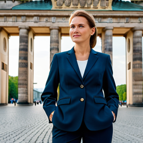Home 18 **
"A confident businesswoman in a stylish yet modest German-designed business suit, standing in front of the Brandenburg Gate in Berlin, fully clothed, appropriate attire, safe for work, perfect anatomy, natural proportions, professional photography, high quality, professional."
**