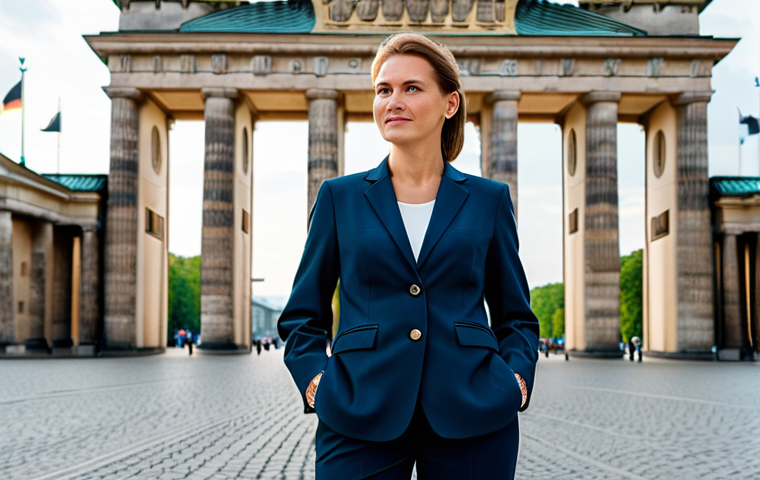 **
"A confident businesswoman in a stylish yet modest German-designed business suit, standing in front of the Brandenburg Gate in Berlin, fully clothed, appropriate attire, safe for work, perfect anatomy, natural proportions, professional photography, high quality, professional."
**