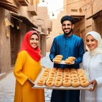 아랍어권에서의 명절과 축제 - **A Vibrant Eid al-Fitr Celebration in an Arab Oasis:**
    A joyous and bustling scene in a sun-dre...
