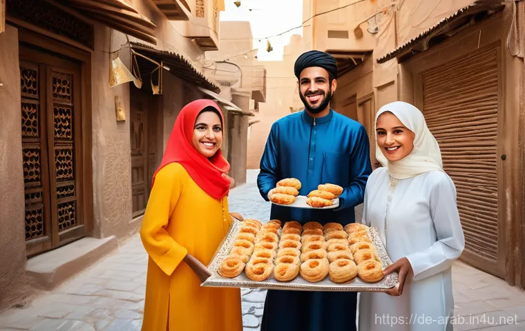 아랍어권에서의 명절과 축제 - **A Vibrant Eid al-Fitr Celebration in an Arab Oasis:**
A joyous and bustling scene in a sun-dre...