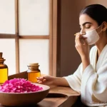 Home 17 아랍어권에서의 화장품 브랜드 - **Prompt: "A serene image of a young woman, with beautiful Middle Eastern features, carefully applyi...