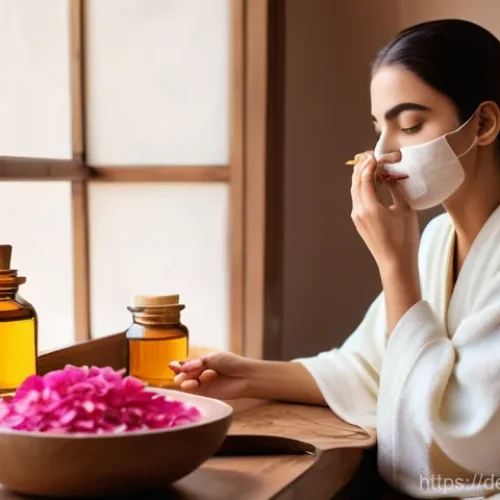 Home 29 아랍어권에서의 화장품 브랜드 - **Prompt: "A serene image of a young woman, with beautiful Middle Eastern features, carefully applyi...