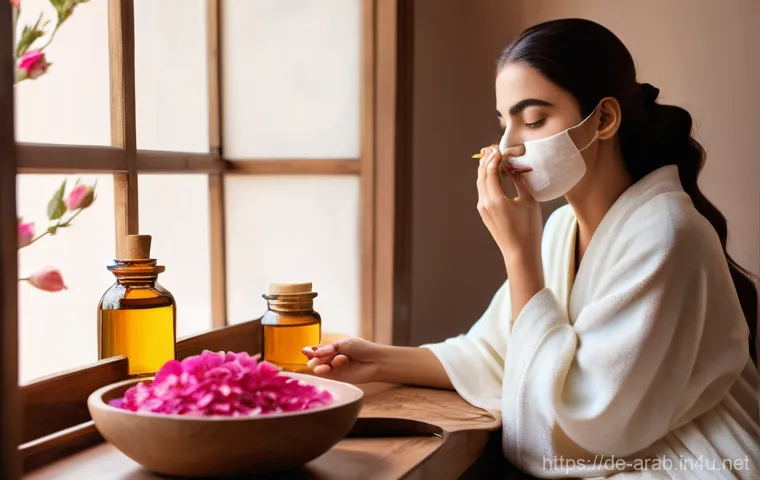 아랍어권에서의 화장품 브랜드 - **Prompt: "A serene image of a young woman, with beautiful Middle Eastern features, carefully applyi...