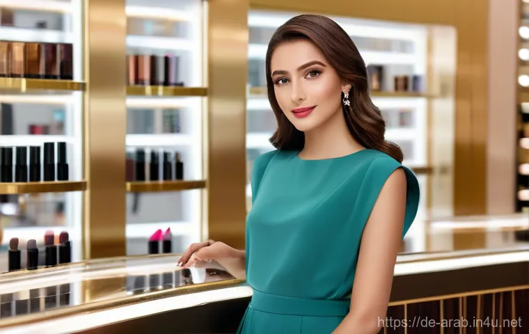 아랍어권에서의 화장품 브랜드 - **Prompt: "A serene image of a young woman, with beautiful Middle Eastern features, carefully applyi...