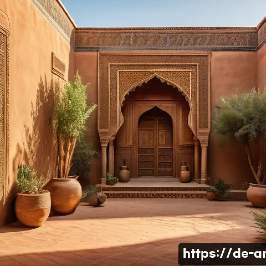 아랍어권에서의 건축 양식 - A traditional Moroccan kasbah courtyard at sunset, featuring thick earthen walls with intricate geom...