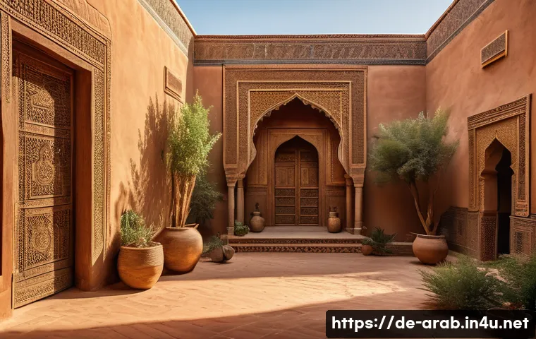 아랍어권에서의 건축 양식 - A traditional Moroccan kasbah courtyard at sunset, featuring thick earthen walls with intricate geom...