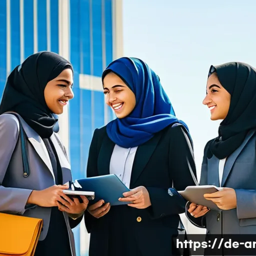 아랍어권에서의 여성의 역할 - A vibrant university campus scene in a modern Middle Eastern city like Amman or Dubai, showcasing a ...