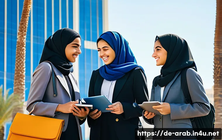 아랍어권에서의 여성의 역할 - A vibrant university campus scene in a modern Middle Eastern city like Amman or Dubai, showcasing a ...