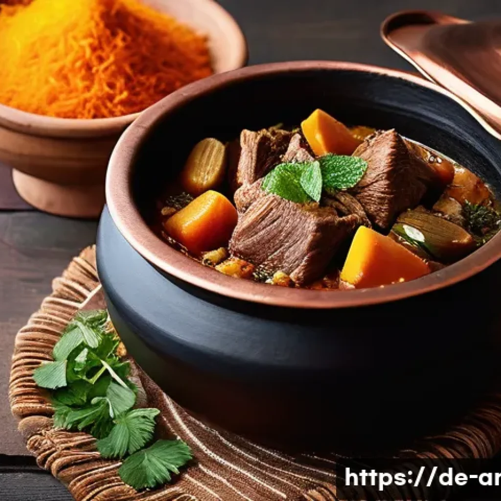 아랍어권에서 유명한 요리 - A vibrant Middle Eastern kitchen scene showcasing traditional slow-cooked lamb tajine in a rustic cl...