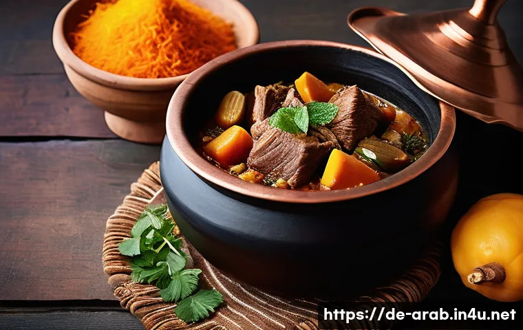 아랍어권에서 유명한 요리 - A vibrant Middle Eastern kitchen scene showcasing traditional slow-cooked lamb tajine in a rustic cl...