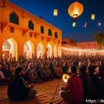 Home 19 아랍어 음악 추천 - A vibrant scene of a traditional Arabic music festival in a North African city like Marrakech or Tun...