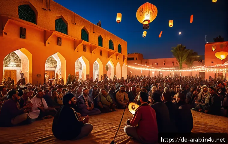 아랍어 음악 추천 - A vibrant scene of a traditional Arabic music festival in a North African city like Marrakech or Tun...