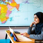 Home 18 아랍어 형용사 활용 - A detailed classroom scene showing a German-speaking adult learner sitting at a wooden desk with an ...