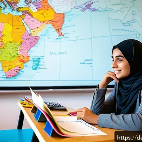 Home 30 아랍어 형용사 활용 - A detailed classroom scene showing a German-speaking adult learner sitting at a wooden desk with an ...