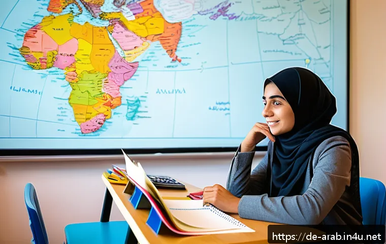 아랍어 형용사 활용 - A detailed classroom scene showing a German-speaking adult learner sitting at a wooden desk with an ...