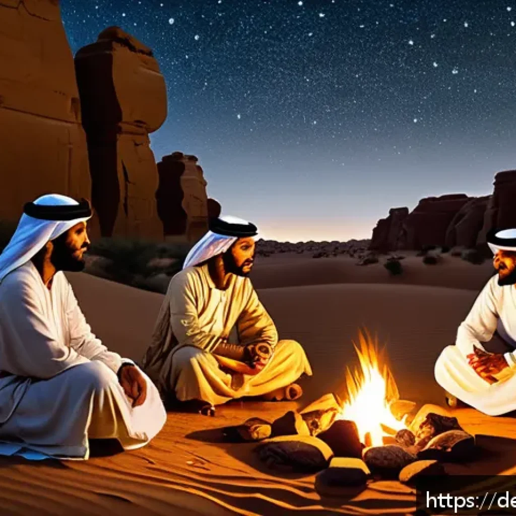 고대 아랍어와 현대 아랍어 차이 - A detailed historical scene depicting ancient Arabian desert traders and poets around 6th century, w...
