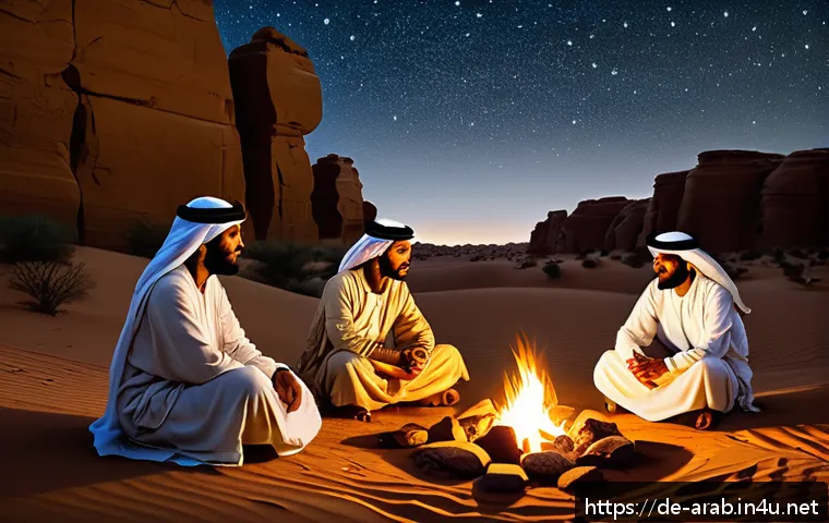 고대 아랍어와 현대 아랍어 차이 - A detailed historical scene depicting ancient Arabian desert traders and poets around 6th century, w...