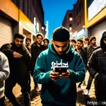 아랍어 랩 음악 - A dynamic urban street scene at night in Berlin showcasing a young Arabic-German rapper performing o...