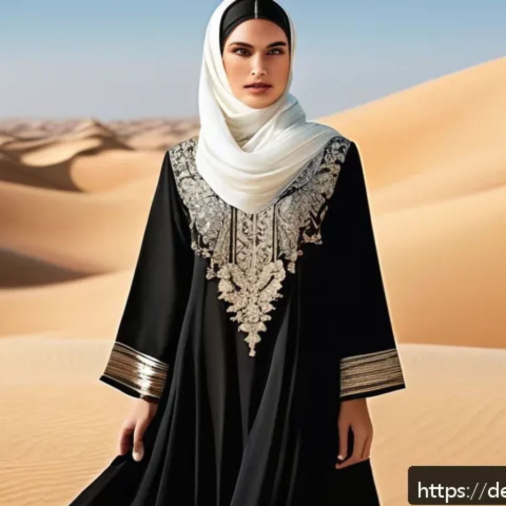 아랍어권에서의 전통 의상 - A detailed scene showcasing traditional Gulf region attire: a graceful woman wearing a black silk Ab...