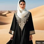 아랍어권에서의 전통 의상 - A detailed scene showcasing traditional Gulf region attire: a graceful woman wearing a black silk Ab...