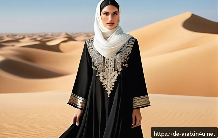아랍어권에서의 전통 의상 - A detailed scene showcasing traditional Gulf region attire: a graceful woman wearing a black silk Ab...