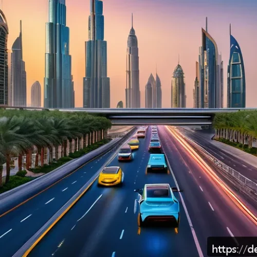 아랍어권에서의 기술 혁신 - A futuristic smart cityscape of Dubai at dusk, showcasing interconnected infrastructure with glowing...
