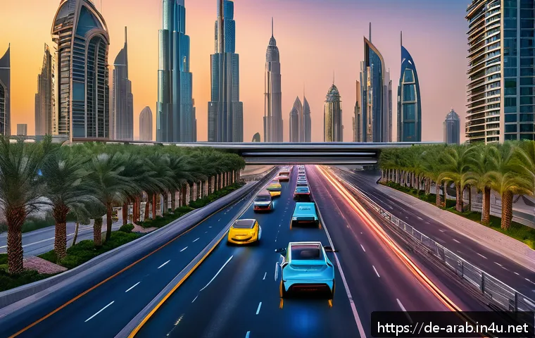 아랍어권에서의 기술 혁신 - A futuristic smart cityscape of Dubai at dusk, showcasing interconnected infrastructure with glowing...