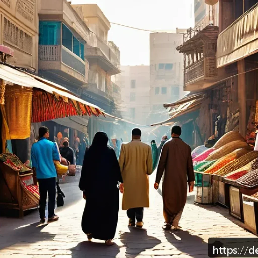 아랍어 변천사 - A vibrant street scene in Cairo showcasing everyday life with people speaking Egyptian Arabic dialec...