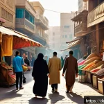아랍어 변천사 - A vibrant street scene in Cairo showcasing everyday life with people speaking Egyptian Arabic dialec...