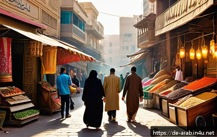 아랍어 변천사 - A vibrant street scene in Cairo showcasing everyday life with people speaking Egyptian Arabic dialec...