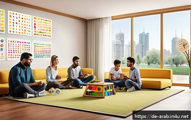 아랍어 학습 앱 추천 - A vibrant digital classroom scene showing diverse German-speaking adults enthusiastically engaging w...