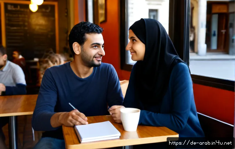 아랍어 원어민과 대화하는 법 - Photorealistic friendly conversation between a German woman and an Arabic-speaking man at a quiet Be...