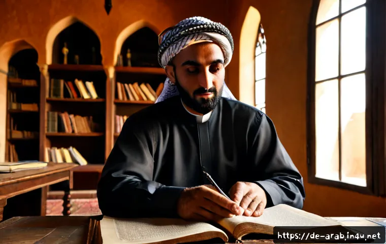 아랍어 시인과 문학가 - Photorealistic portrait of an Arab poet in a refined historic study, seated beside a wooden desk wit...