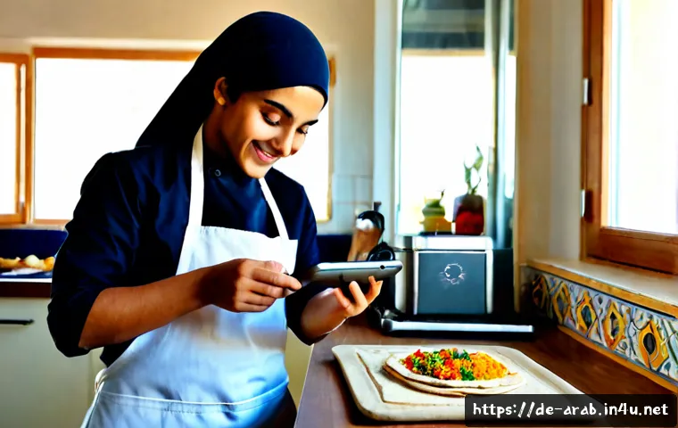 아랍어권에서의 틱톡 인기 영상 - Photorealistic vertical lifestyle scene of a young Arab home cook filming a vibrant Middle Eastern r...