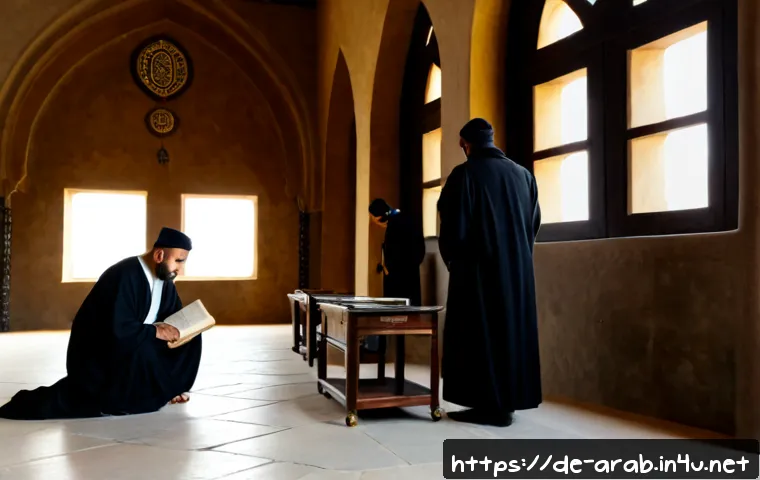 Home 17 아랍어 역사 속 중요한 사건 - Photorealistic historical scene of the House of Wisdom in ninth-century Baghdad, scholars in modest ...