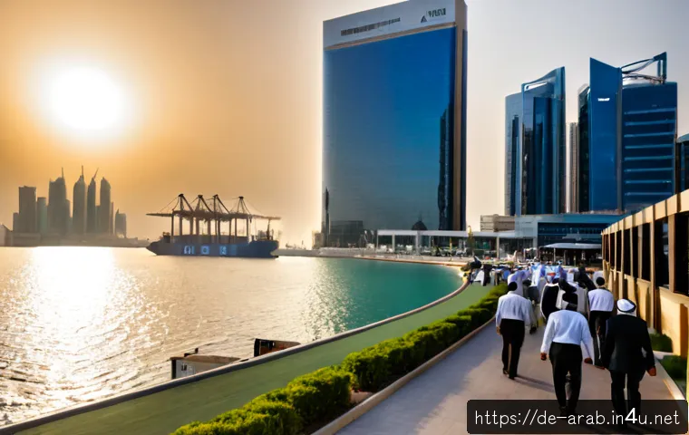Home 17 아랍어권에서의 경제 구조 - Photorealistic wide-angle view of a modern Gulf Arab financial district at golden hour, elegant glas...