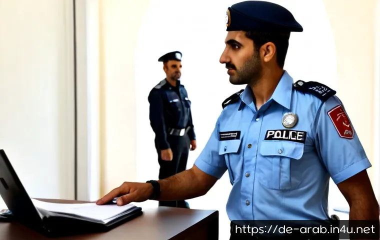 아랍어 경찰서에서 필요한 표현 - Photorealistic travel assistance scene inside a modern Arabic police station, a German-speaking Euro...